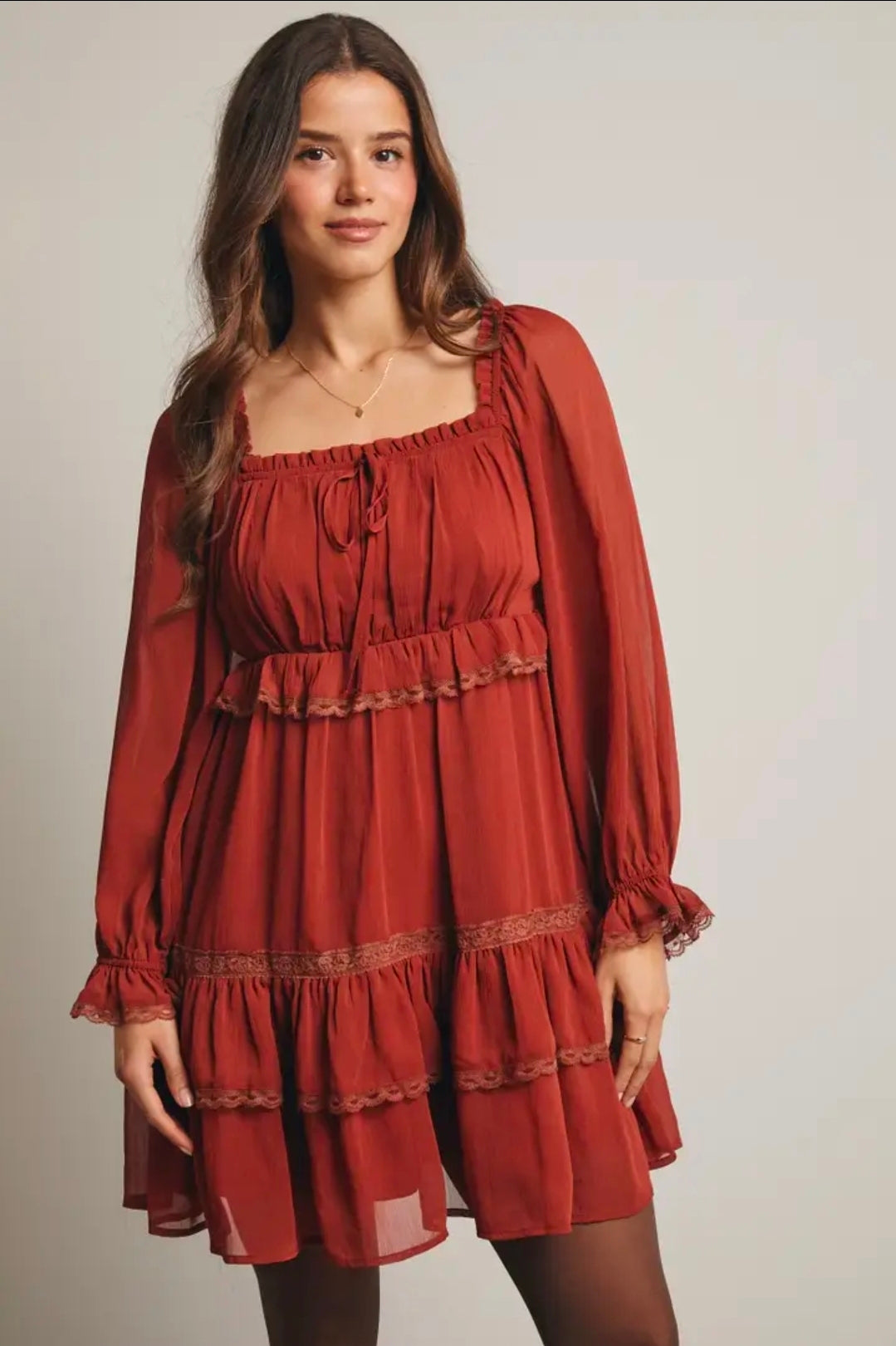 Crinkled Tiered Boho Rust Dress