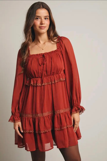 Crinkled Tiered Boho Rust Dress