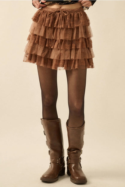 Lace and Tulle Tiered Ruffle Mini Skirt-Taupe