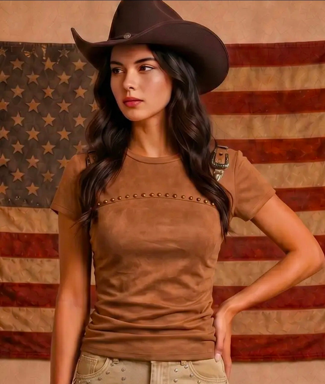 Suede Studded Buckle Detail Top