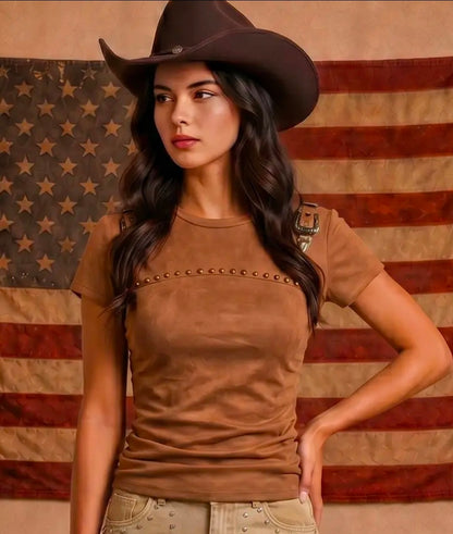 Suede Studded Buckle Detail Top