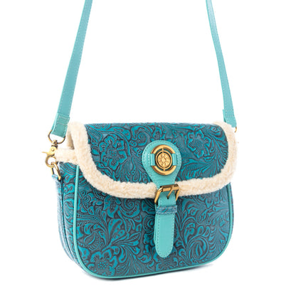 MYRA-Embossed Leather Crossbody Bag with Fur Accent