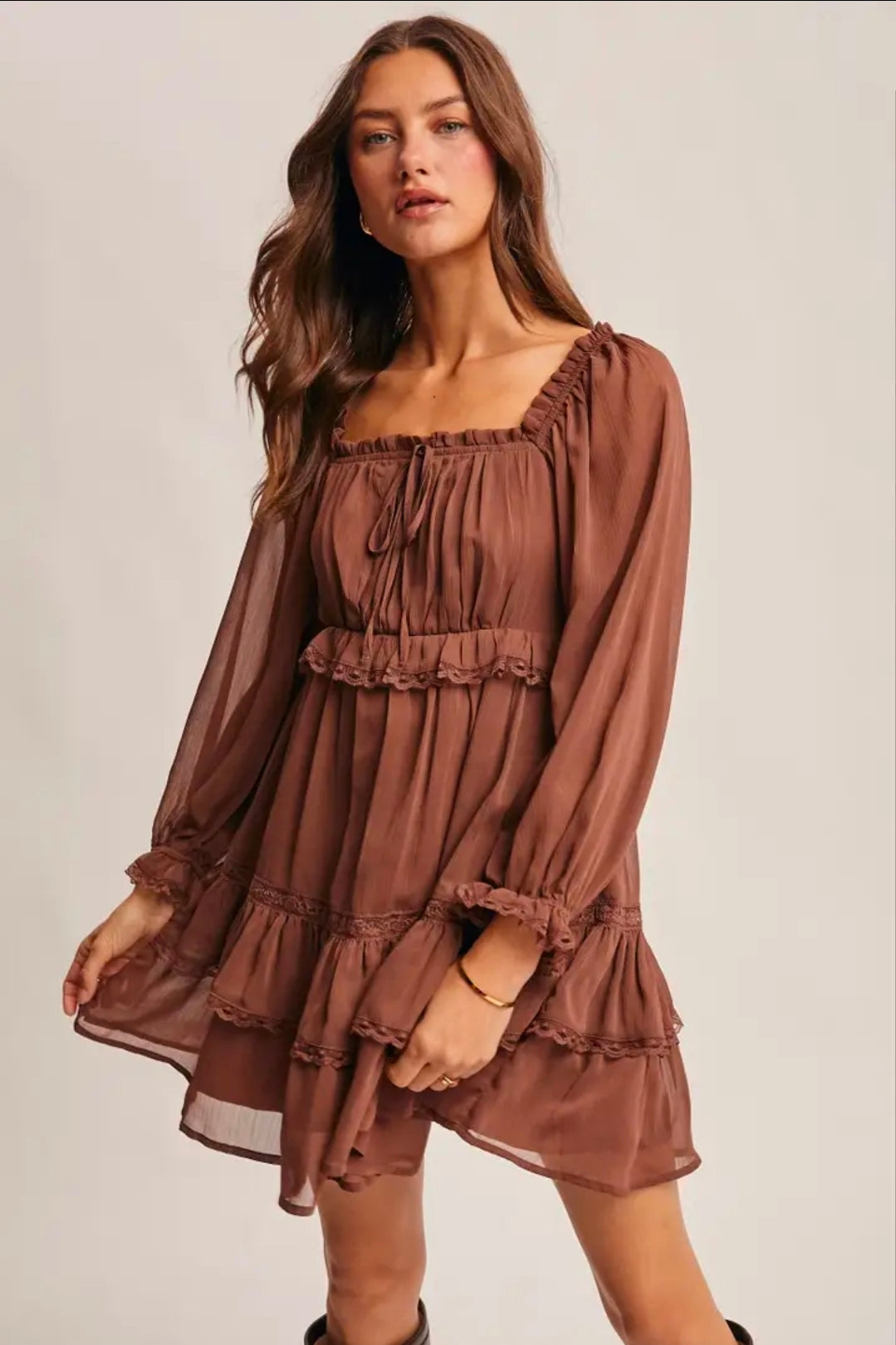 Crinkled Tiered Boho Mocha Dress
