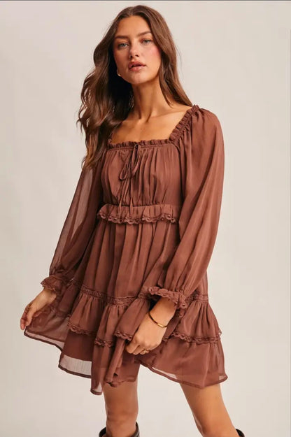 Crinkled Tiered Boho Mocha Dress