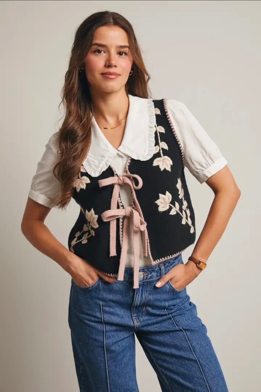 Floral Tie Front Knit Vest