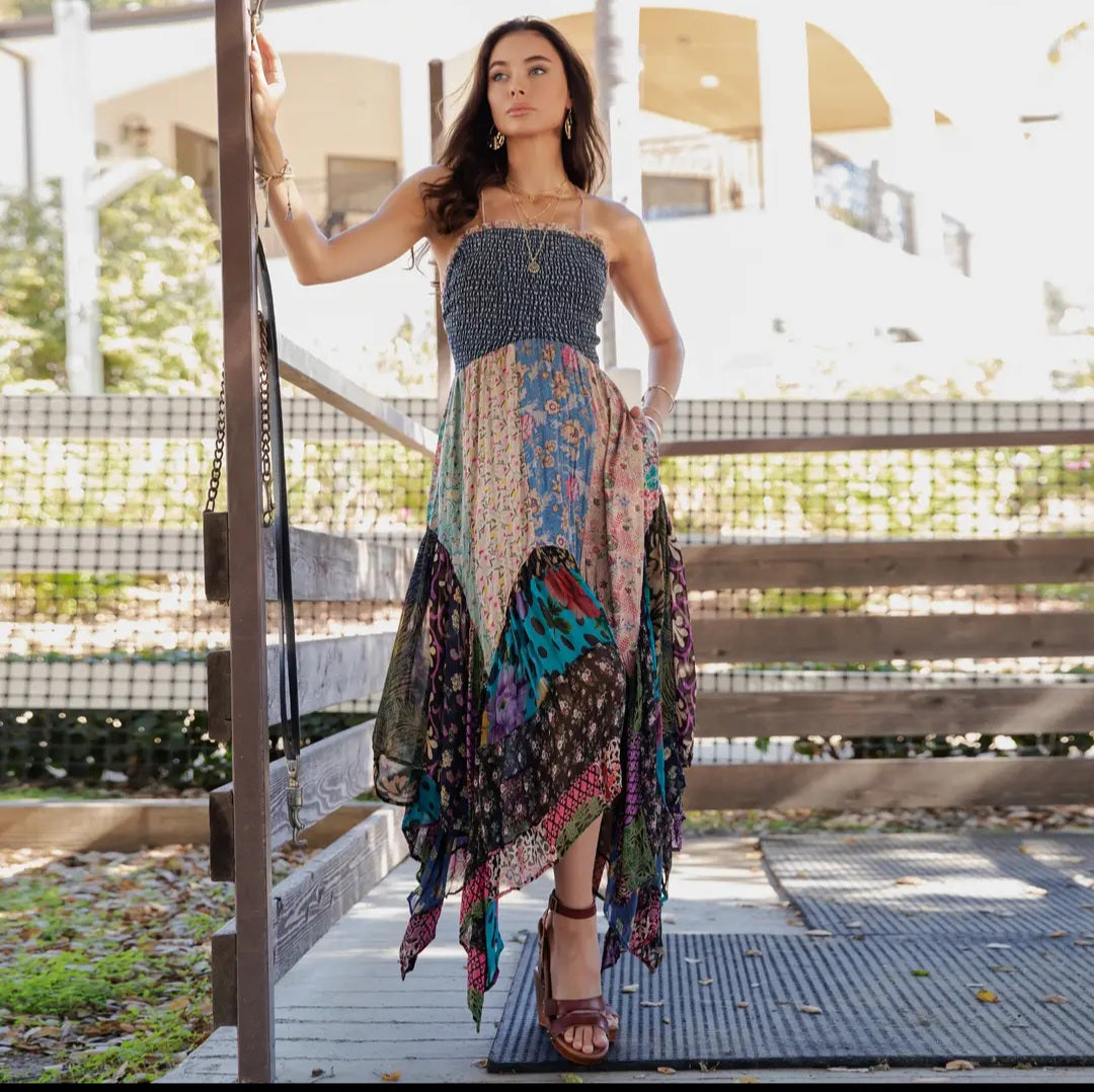 Smocked Bodice Mosaic Maxi Dress