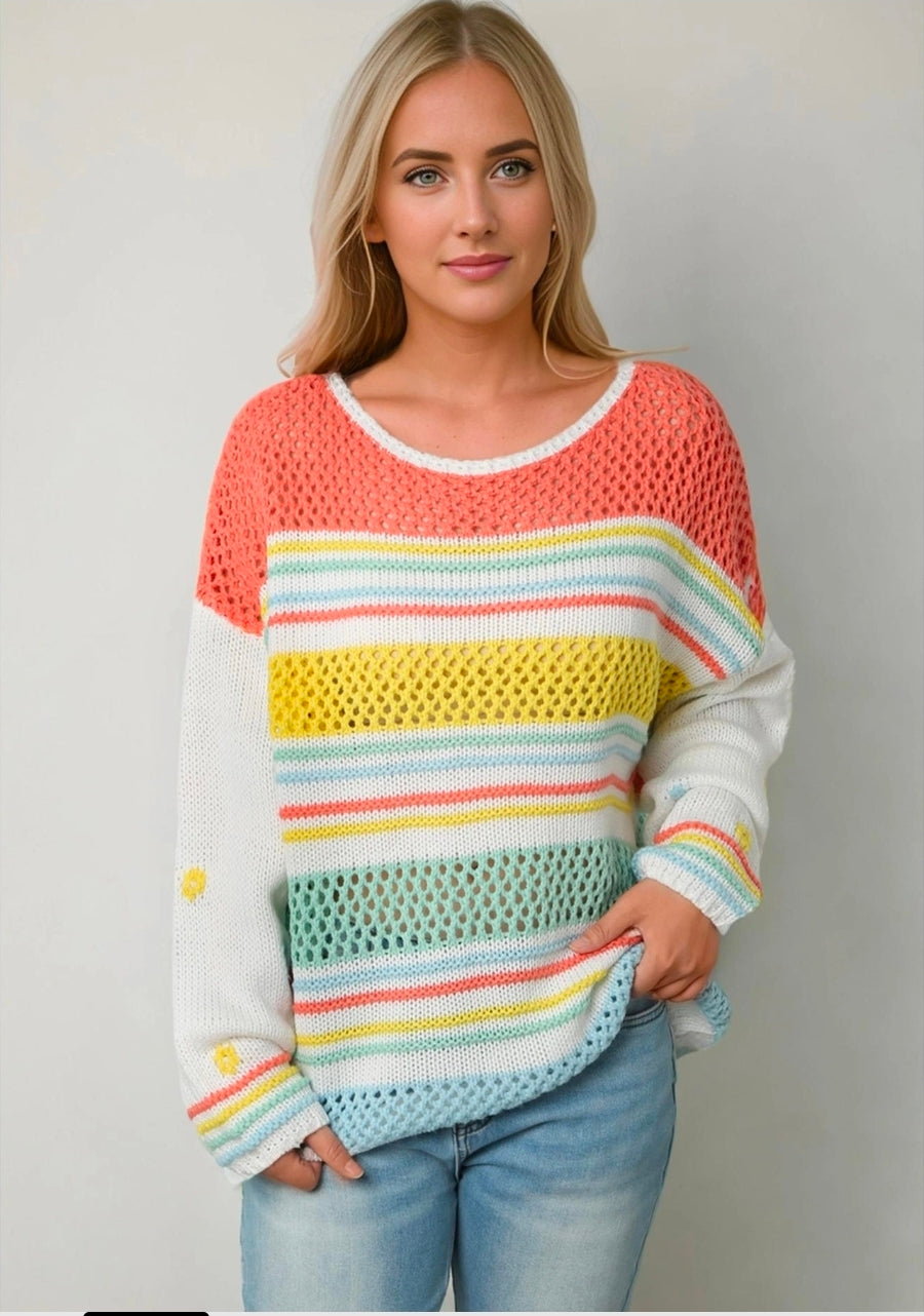 🌈 Hollow Striped Color Block Sweater