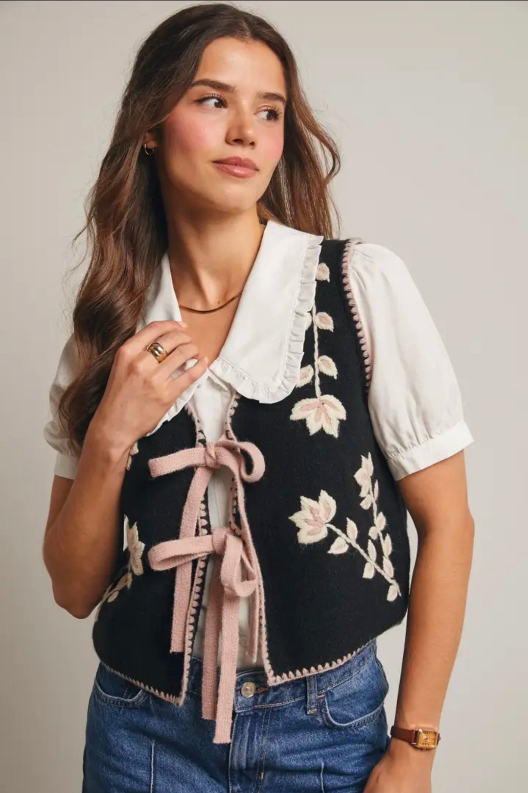 Floral Tie Front Knit Vest
