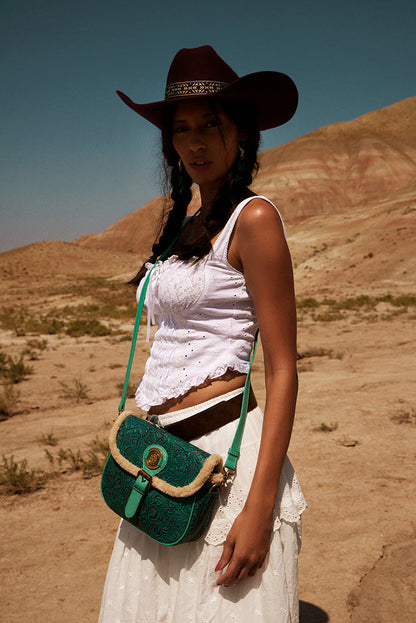 MYRA-Embossed Leather Crossbody Bag with Fur Accent