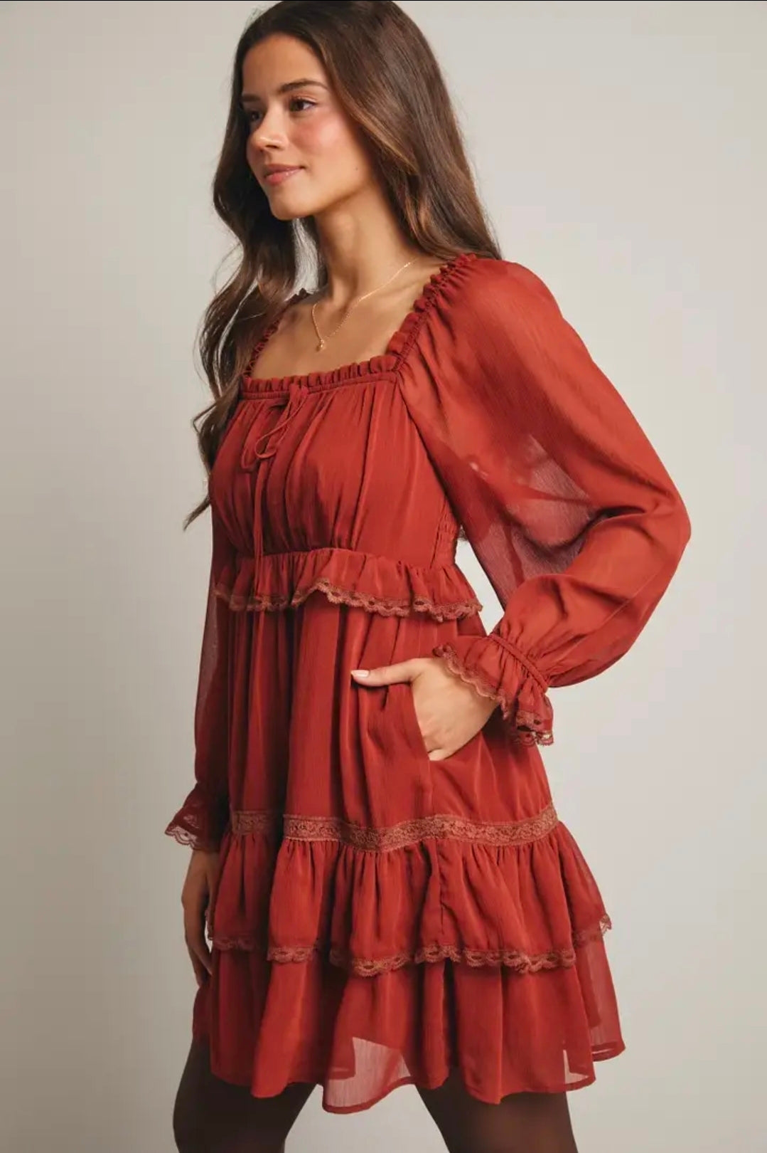 Crinkled Tiered Boho Rust Dress