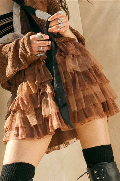 Lace and Tulle Tiered Ruffle Mini Skirt-Taupe