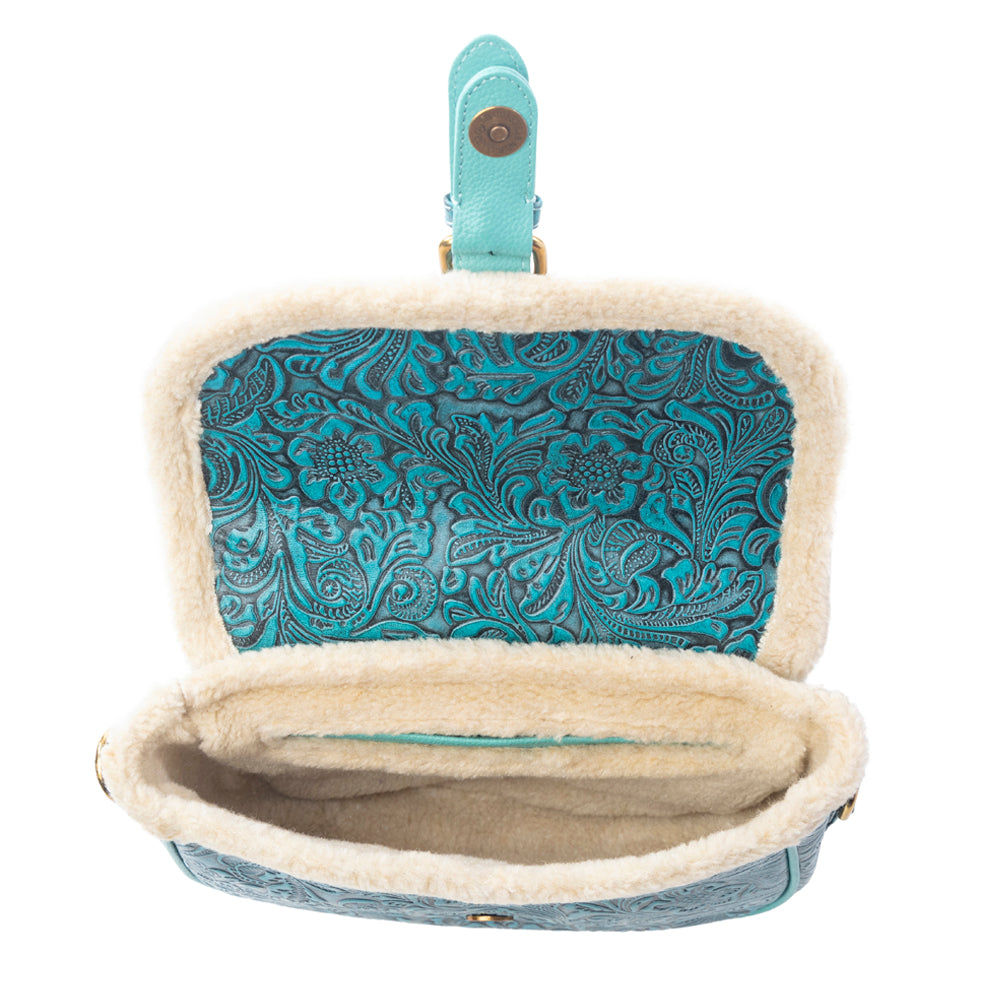 MYRA-Embossed Leather Crossbody Bag with Fur Accent