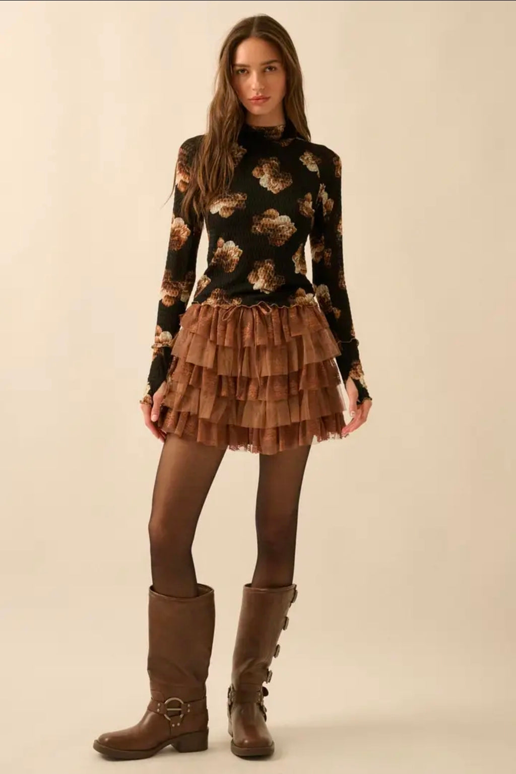 Lace and Tulle Tiered Ruffle Mini Skirt-Taupe