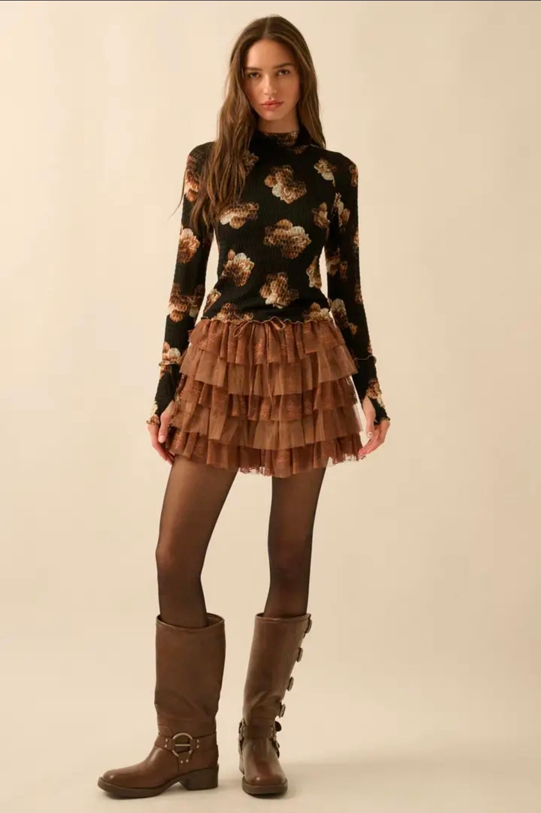 Lace and Tulle Tiered Ruffle Mini Skirt-Taupe
