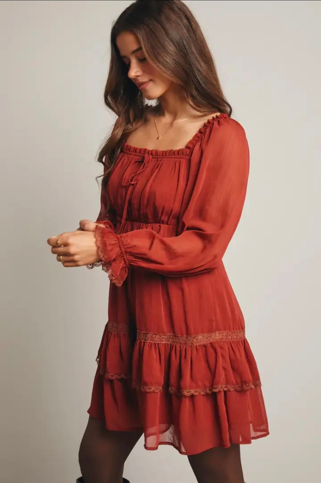 Crinkled Tiered Boho Rust Dress
