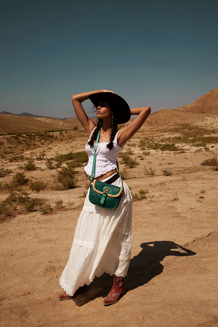 MYRA-Embossed Leather Crossbody Bag with Fur Accent