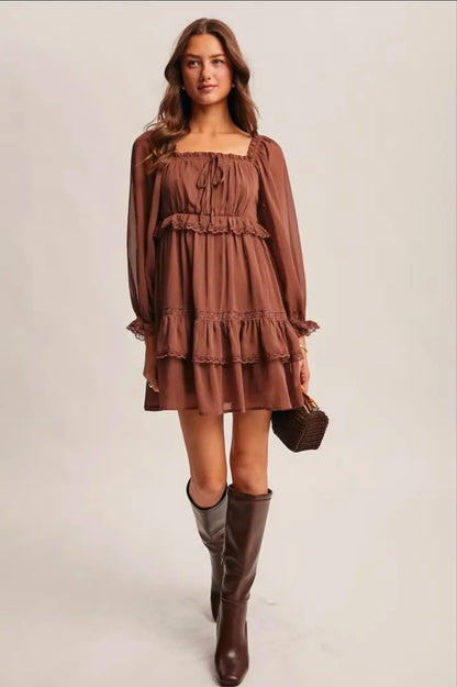 Crinkled Tiered Boho Mocha Dress