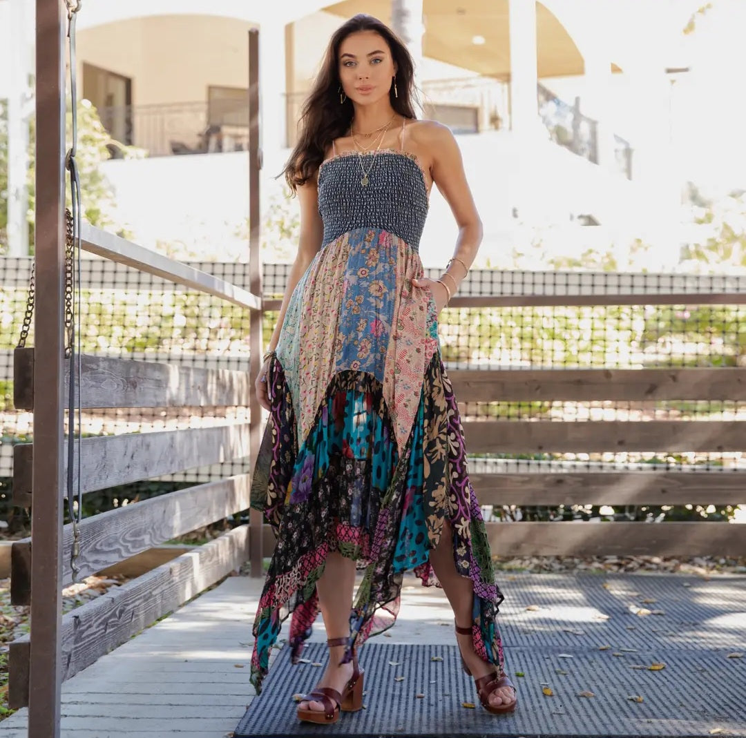 Smocked Bodice Mosaic Maxi Dress