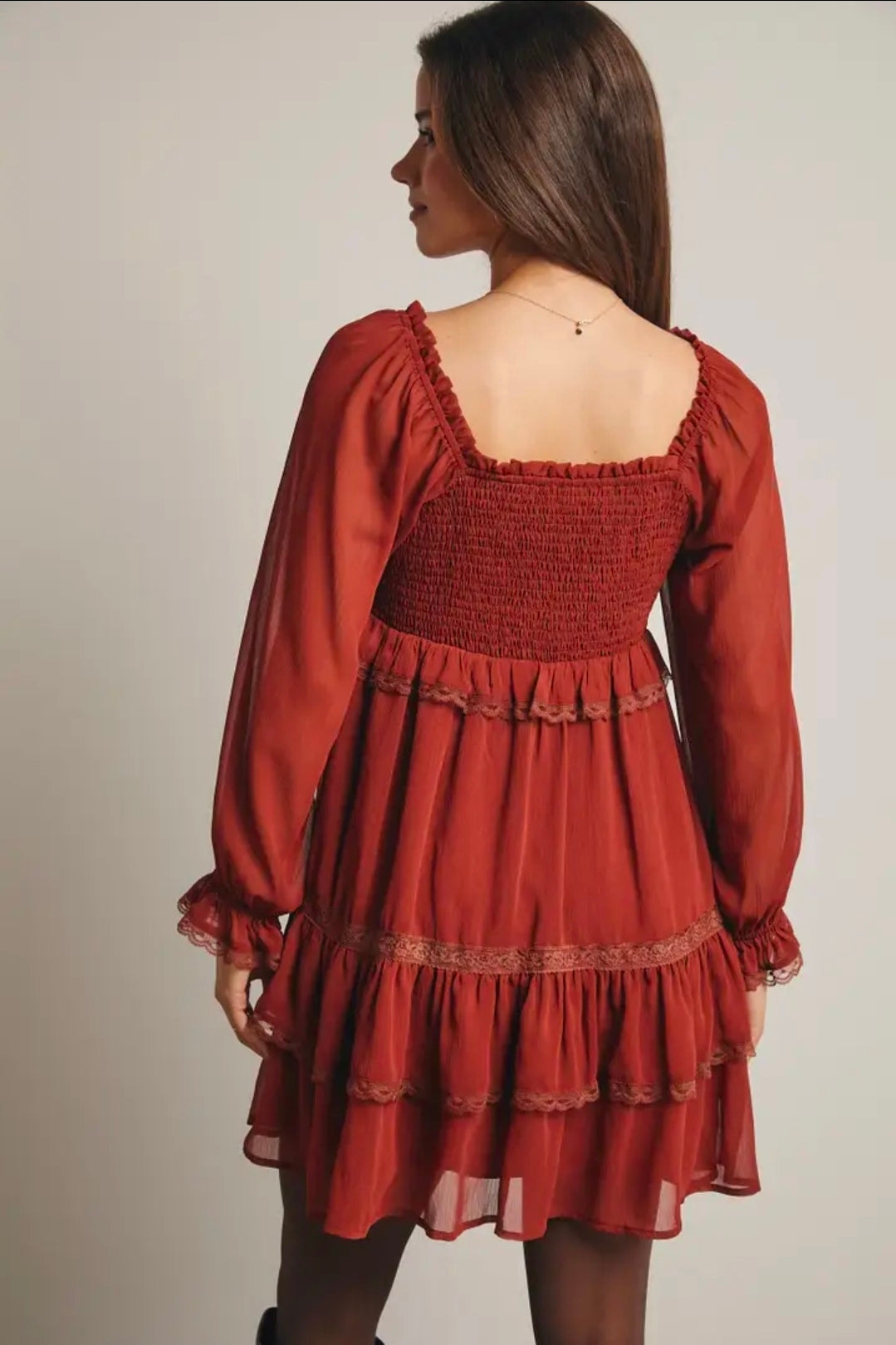 Crinkled Tiered Boho Rust Dress