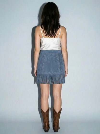 Studded Faux Suede Fringe Mini Skirt