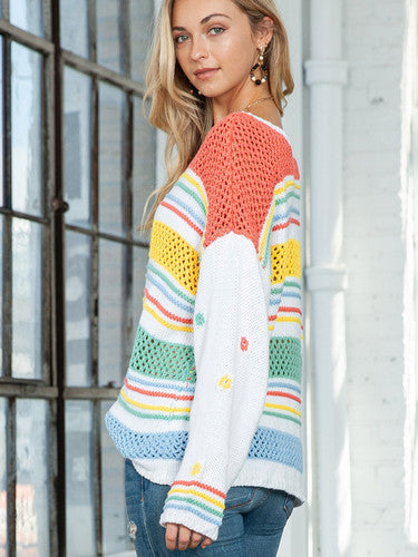 🌈 Hollow Striped Color Block Sweater