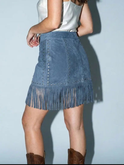 Studded Faux Suede Fringe Mini Skirt