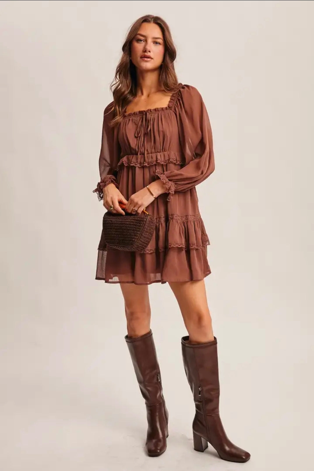 Crinkled Tiered Boho Mocha Dress