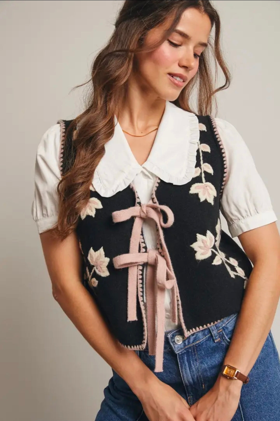 Floral Tie Front Knit Vest