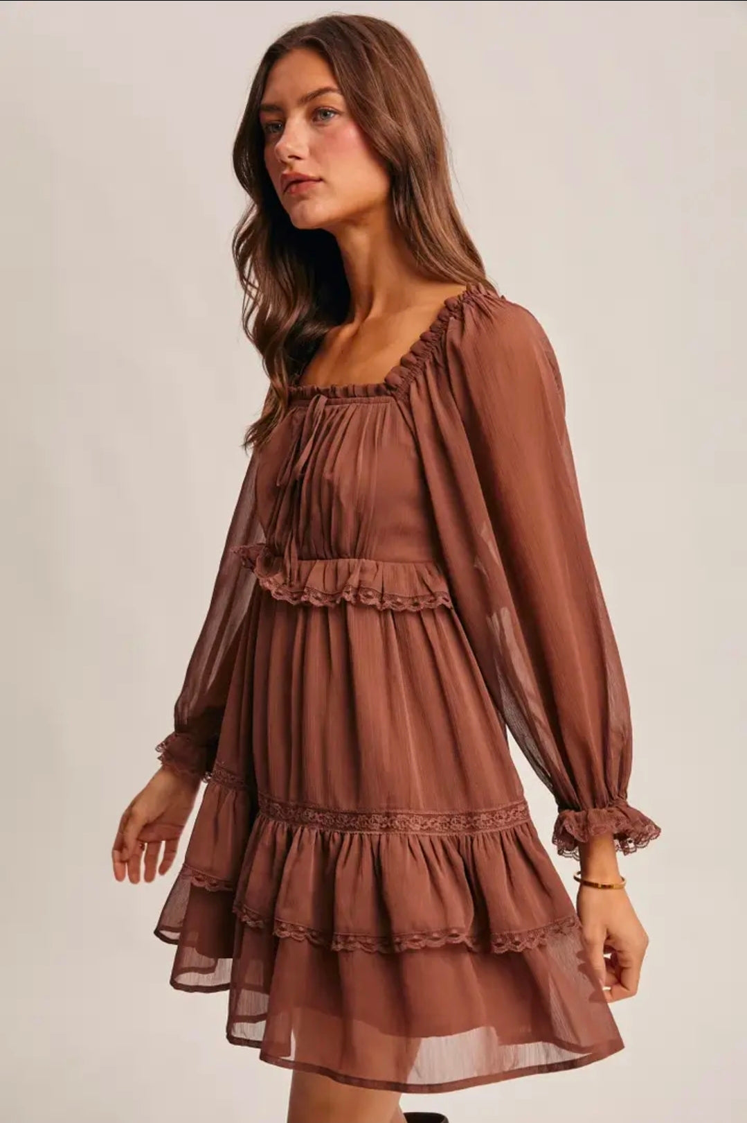 Crinkled Tiered Boho Mocha Dress