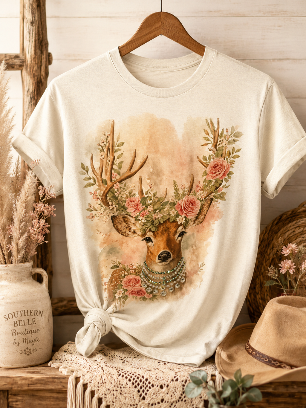 Ethereal Floral Deer Crystal Graphic Tee