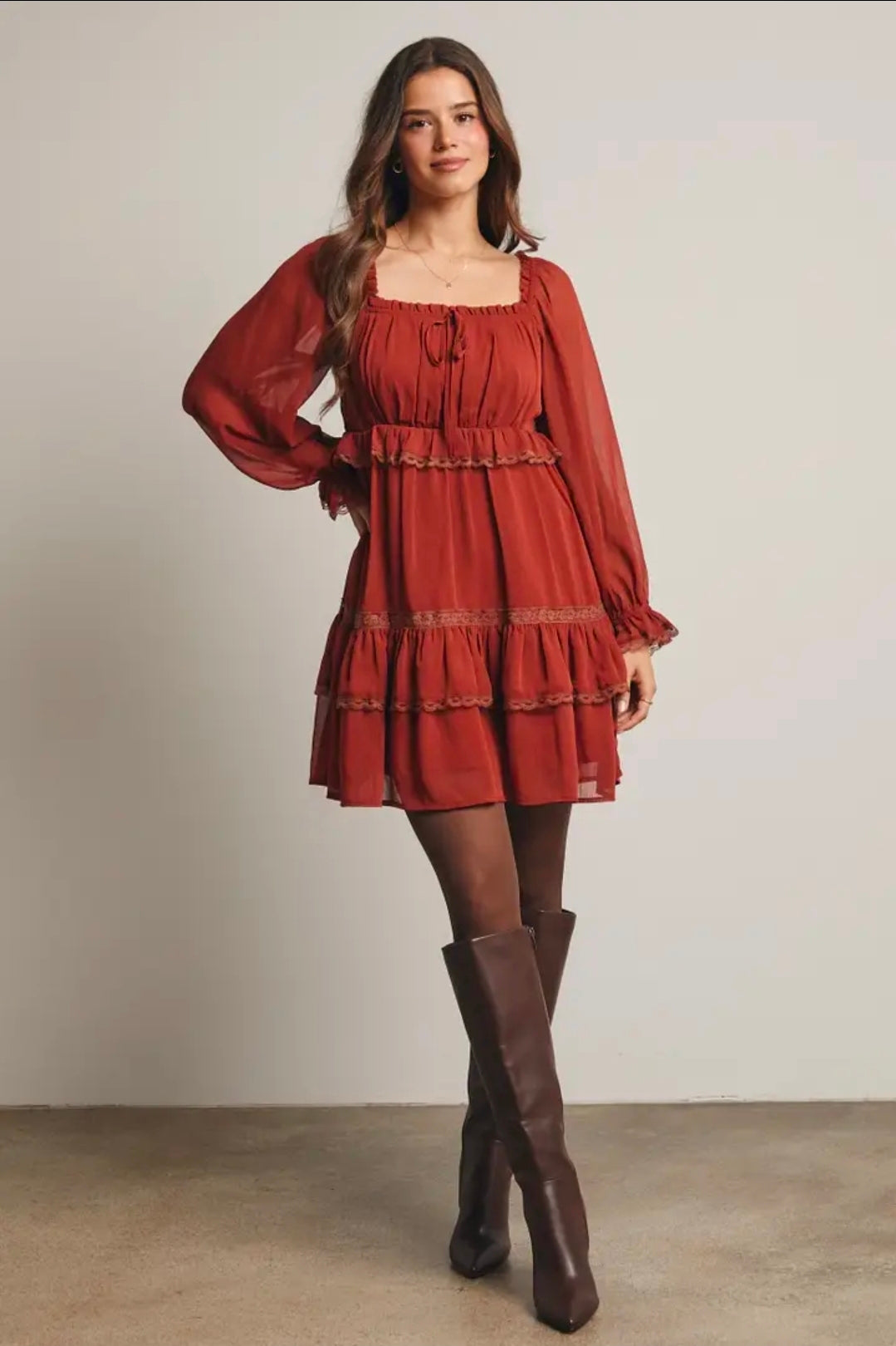 Crinkled Tiered Boho Rust Dress