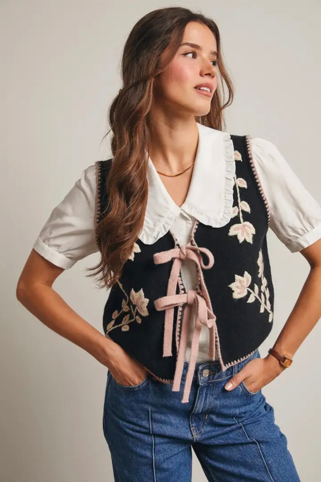 Floral Tie Front Knit Vest