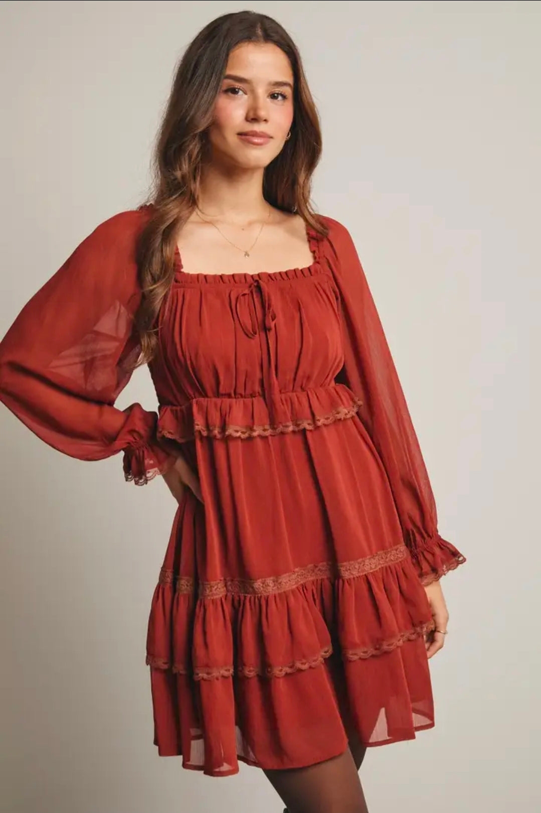 Crinkled Tiered Boho Rust Dress